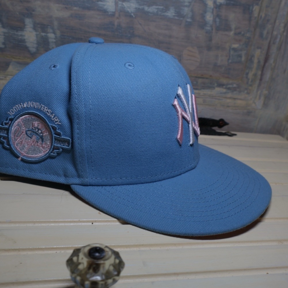 New York Yankees Baby Blue 100th Anniversary Patch New Era Hat 8.0 Good Cond